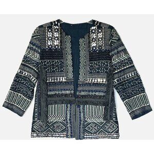 ZARA Green Navy Beads Sequin Fringe Embroidered Ethnic Boho Cardigan Jacket Sz S